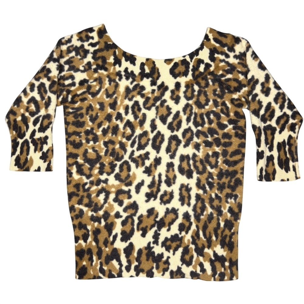 Lucky Brand Wool Cashmere Sweater M Tan Leopard Print Scoop Neck 3/4 Sleeve
